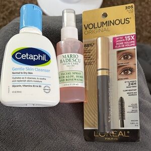 Cetaphil Cleanser, Mario Badescu Spray, L'Oreal Mascara Set